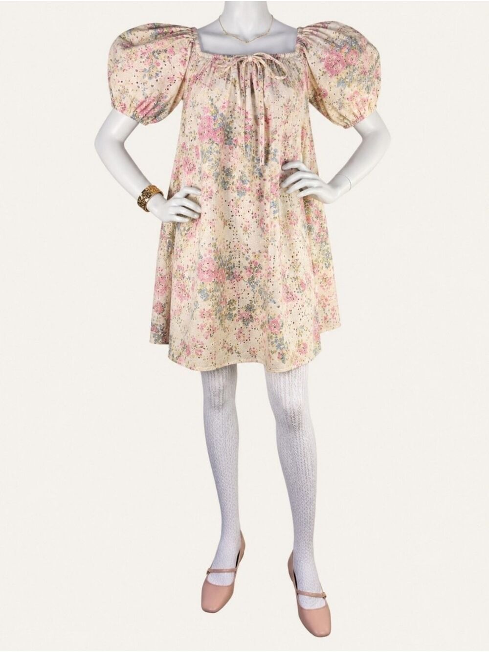 GeeGee Floral Eyelet Puff Sleeve Babydoll Dress Pockets Coquette NWT Small